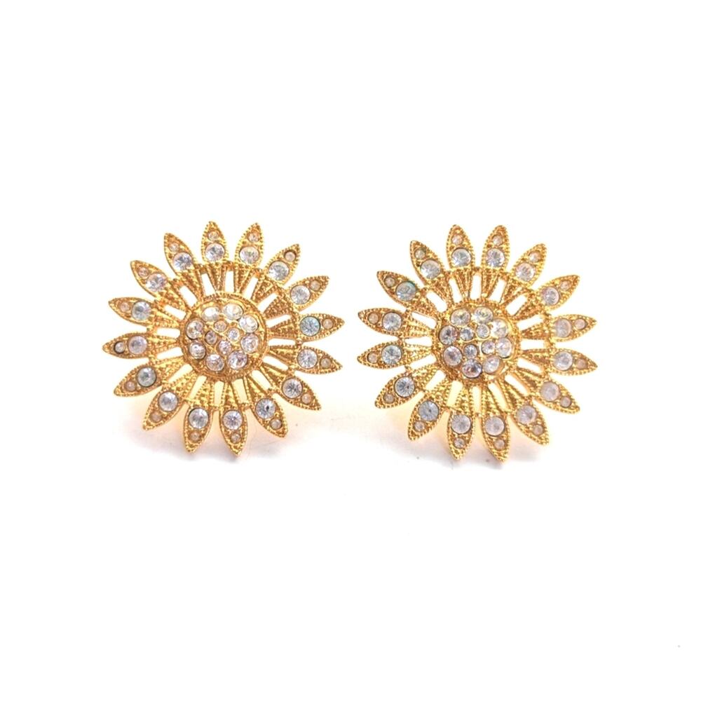 Vintage Avon Gold Tone Sunflower Rhinestone Glam Sunburst Post Stud Earrings